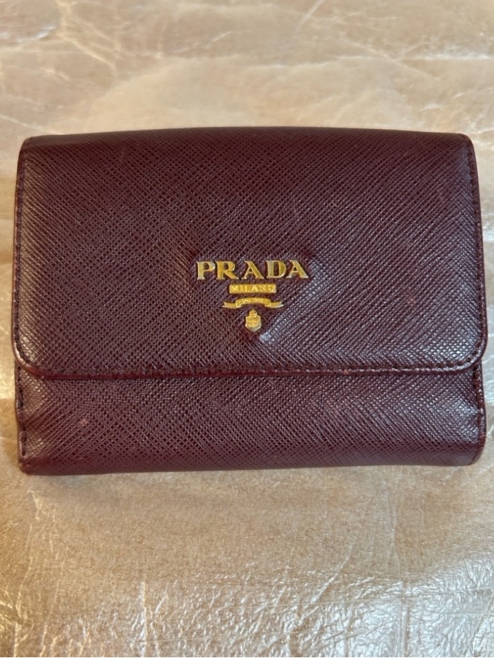 Authentic PRADA Small Saffiano Trifold Wallet Burgundy w/Pink  Includes COA